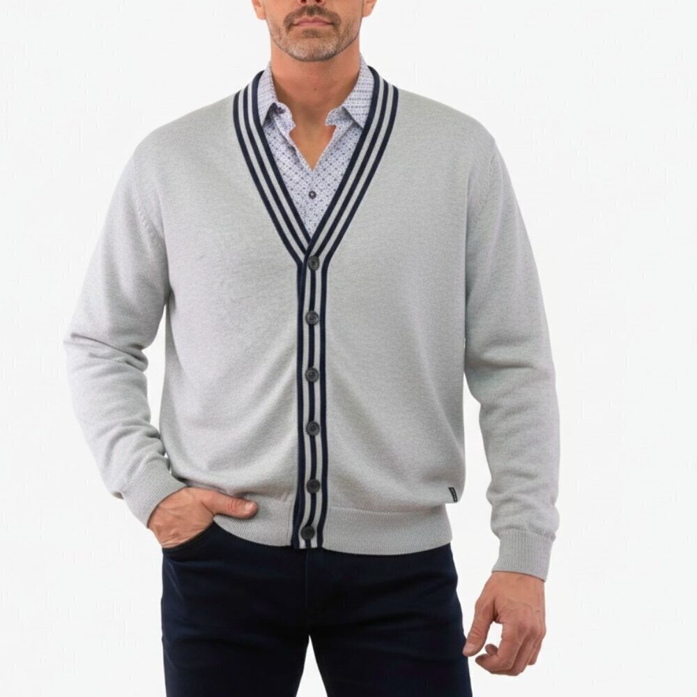 Horst Italian Cotton Cardigan Sweater Gray Navy Trim Mens Medium NEW